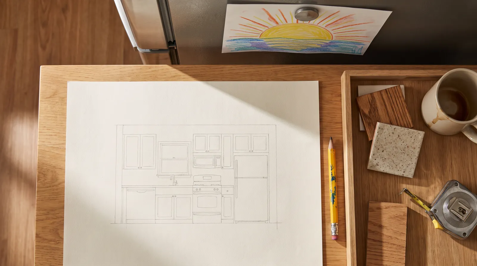 Illustrative overhead kitchen table with a pencil drawing, material samples and a mug